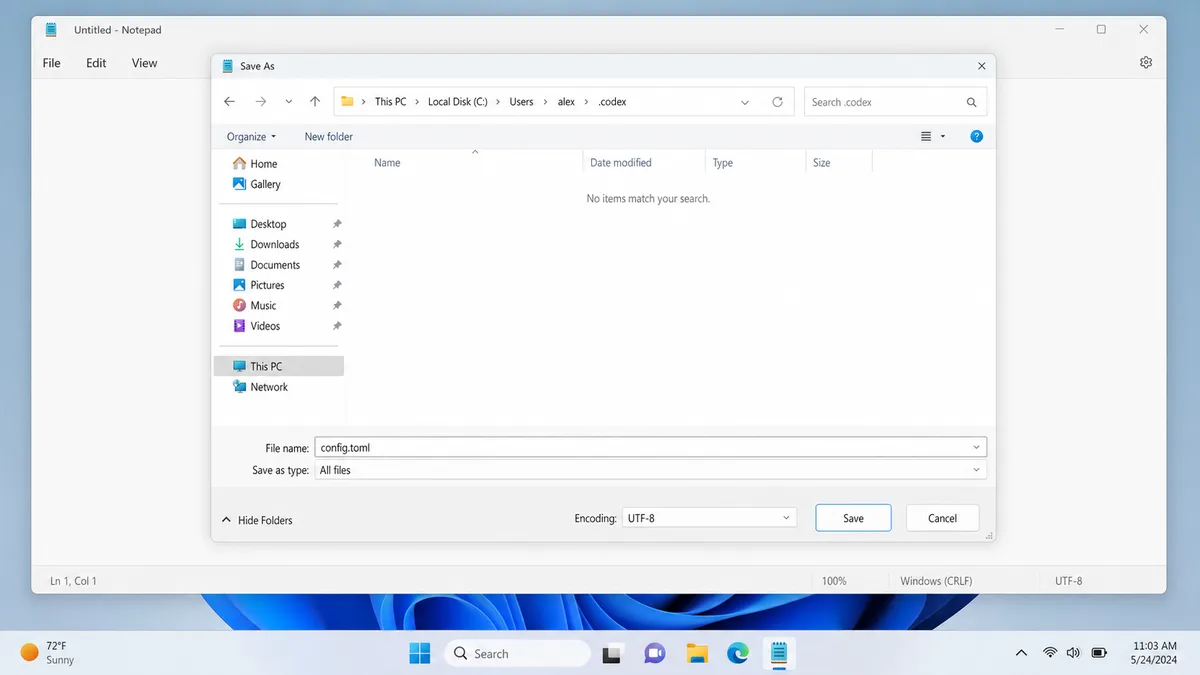 Notepad Save As dialog in the .codex folder with config.toml, All files and UTF-8 selected