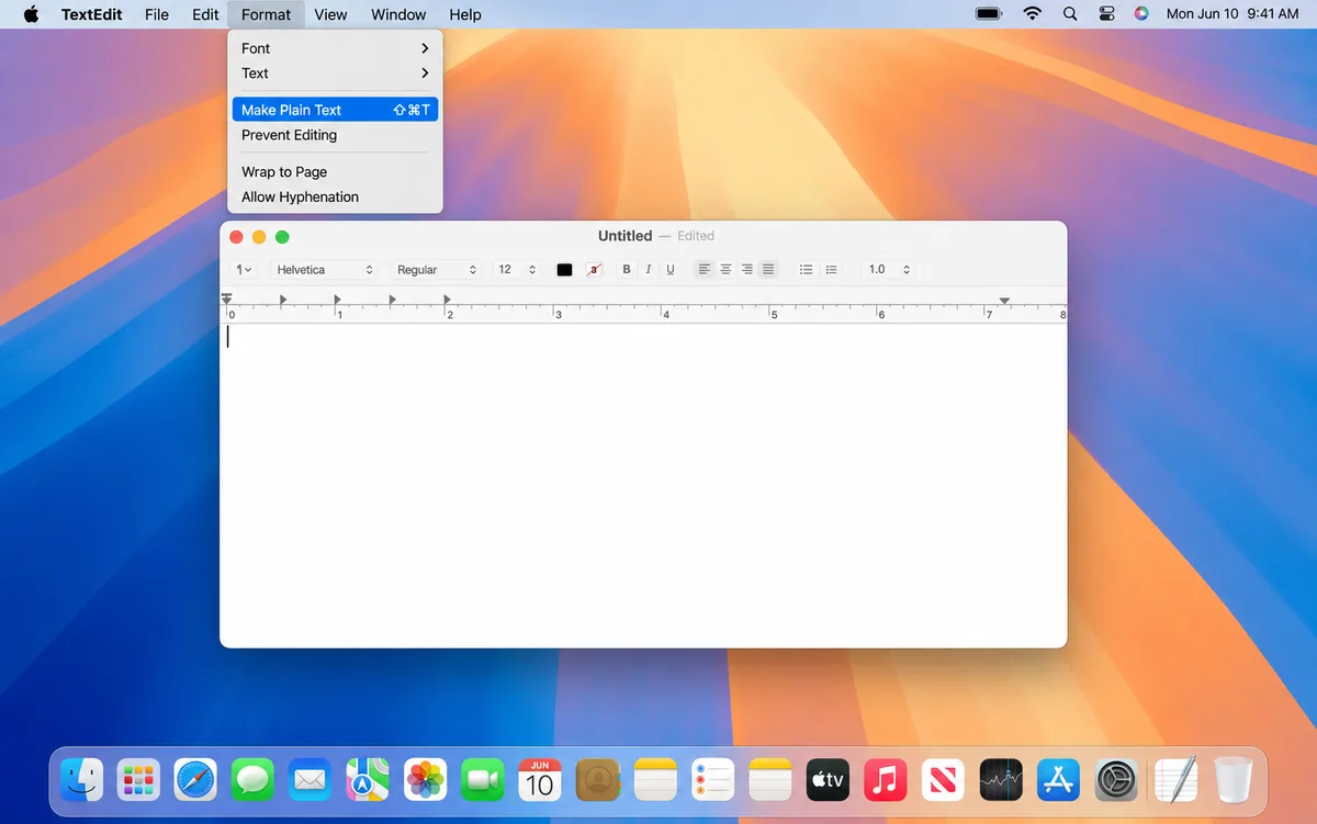 TextEdit's Format menu with Make Plain Text highlighted